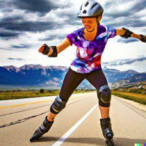 female speed rollerblader wearing protective equipment whilst rollerblading