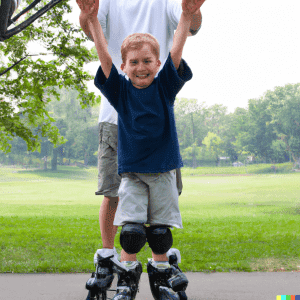 6 years old, is standing on a pair of quad roller skates