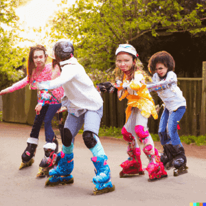 A group of kids playing tag on roller skates in a park