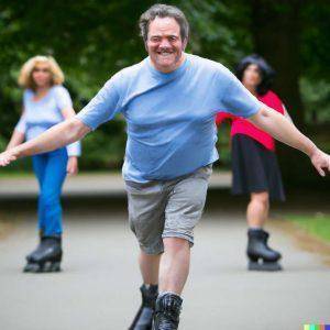 Health benefits of rollerskating middle-aged man roller skating with admiring women looking on. 