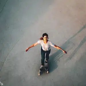 A person on quad skates gliding across a smooth concrete skatepark. 