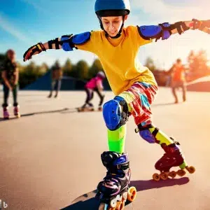 A teenage rollerblader performing a T-stop in a skate park on a sunny day.
