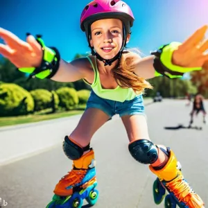 Text: A teenage girl rollerblading backwards in a park on a sunny day.