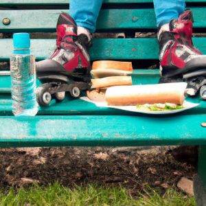 roller skater taking a break and having a bottle of water and a sandwich