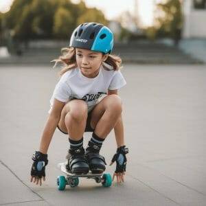 young girl crouching on her roller skates