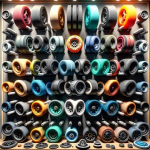 A variety of inline skate wheels highlighting different hardness levels, sizes, and profiles, suitable for multiple skating disciplines.