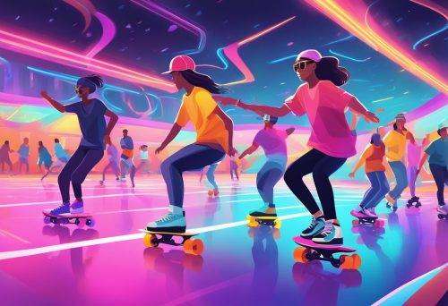 a group of people skating on at a roller rink